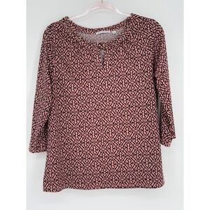 Notations Women's Pink Black Geometric Print 3/4 Sleeve Keyhole‎ Neck Top Sz L
